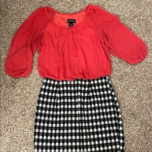 Red, black and white dress with puffy sleeve detail